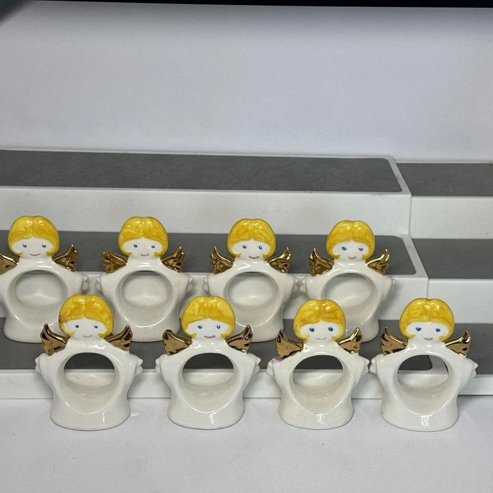 VTG Ceramic‎ Set 8 Standing Angel Napkin Holders Rings White Christmas Dinner